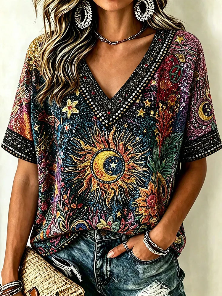 Boho Sun‐moon Rhinestone Embroidered V‐neck T‐shirt, Hippie Floral Ethnic Sequin Casual Top