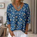 Women's Floral Art Print Flowy Linen Blend  Three-quarter Sleeve V Neck Linen Tops