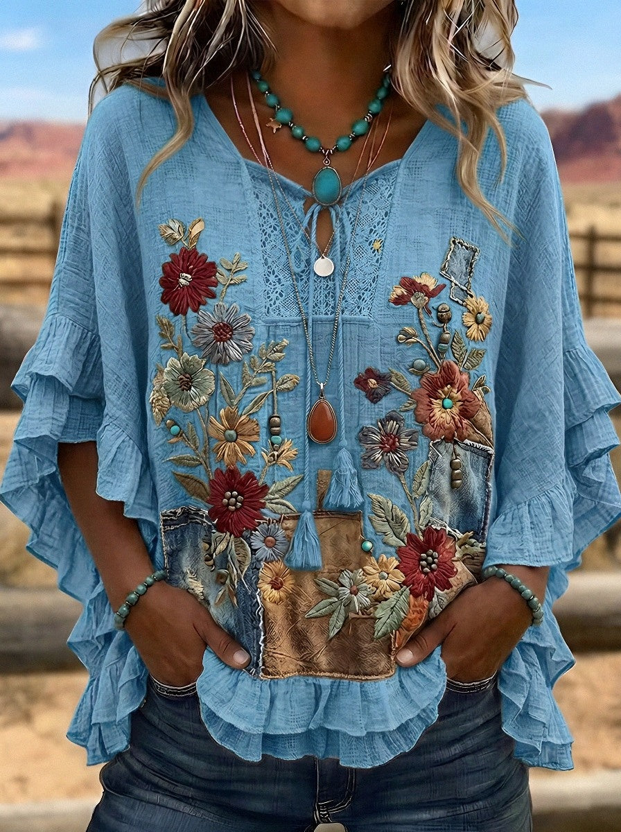 Women's Western Vintage Floral Denim Patchwork Printed Top