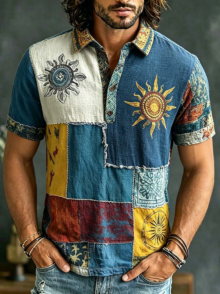 Men's Casual Retro Sun And Moon Hippie Print Polo Shirt