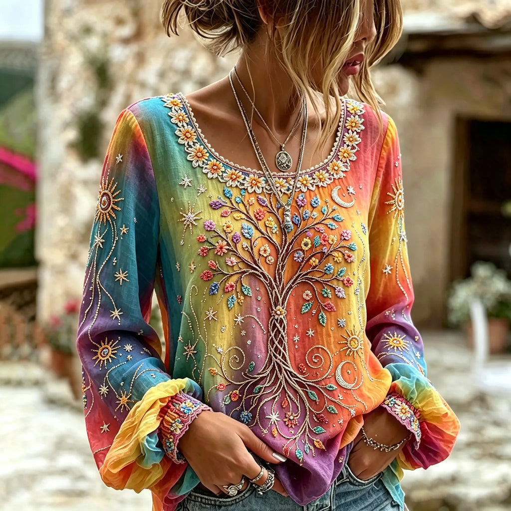 Women's Retro Hippie Peace Floral And Tree Of Life Embroidered Long-sleeve T-shirt
