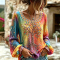 Women's Retro Hippie Peace Floral And Tree Of Life Embroidered Long-sleeve T-shirt