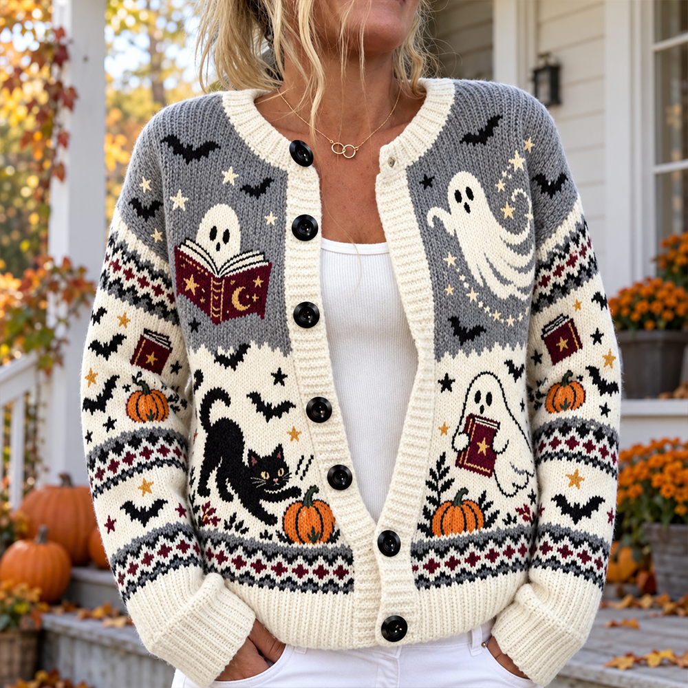 Women's Halloween Ghost, Black Cat And Pumpkins Knit Cardigan