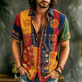 Men's Retro Hippie Floral Color Block Print Cotton Linen Short-sleeve Shirt