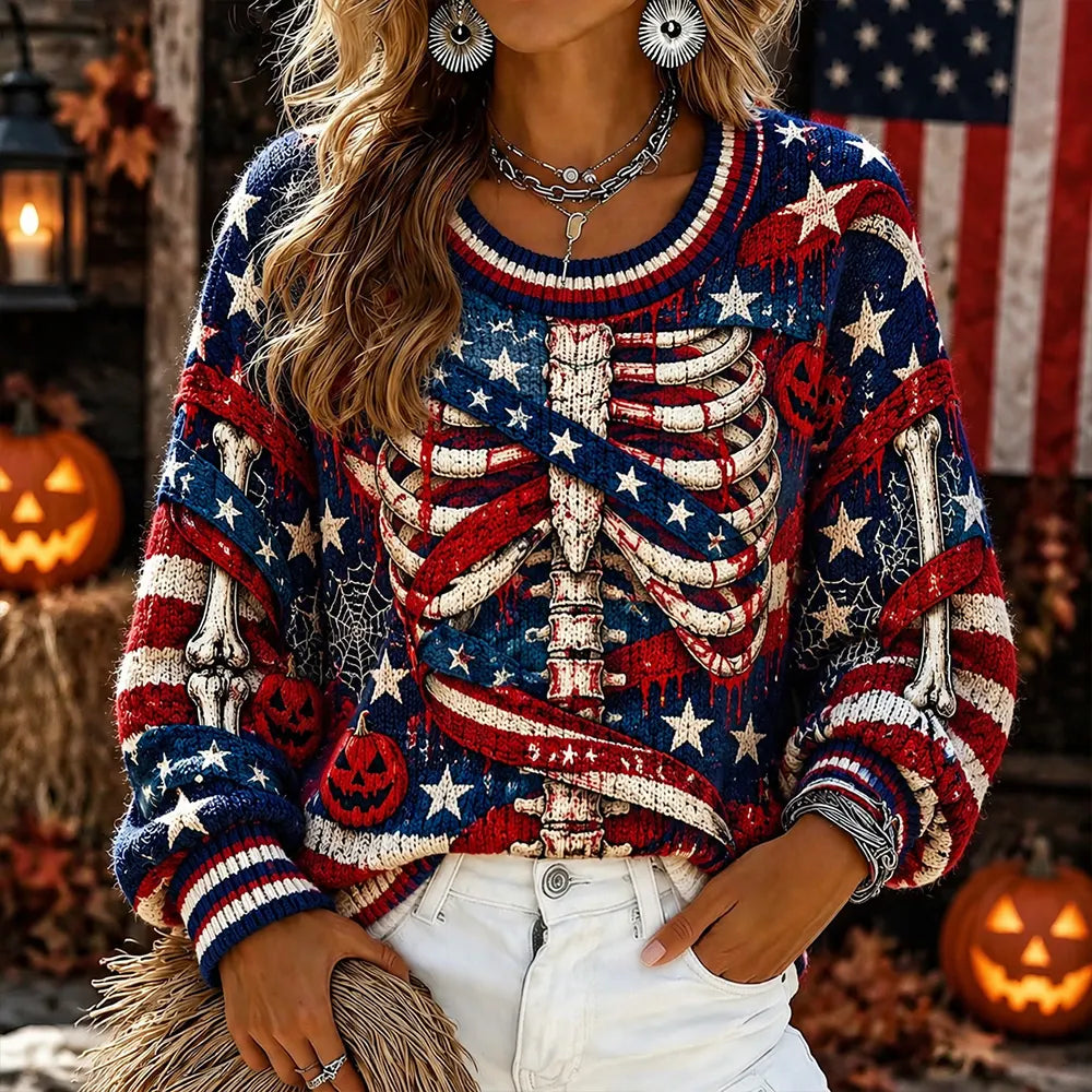 Women's Halloween Human Skeleton And American Art Casual Crewneck Sweater