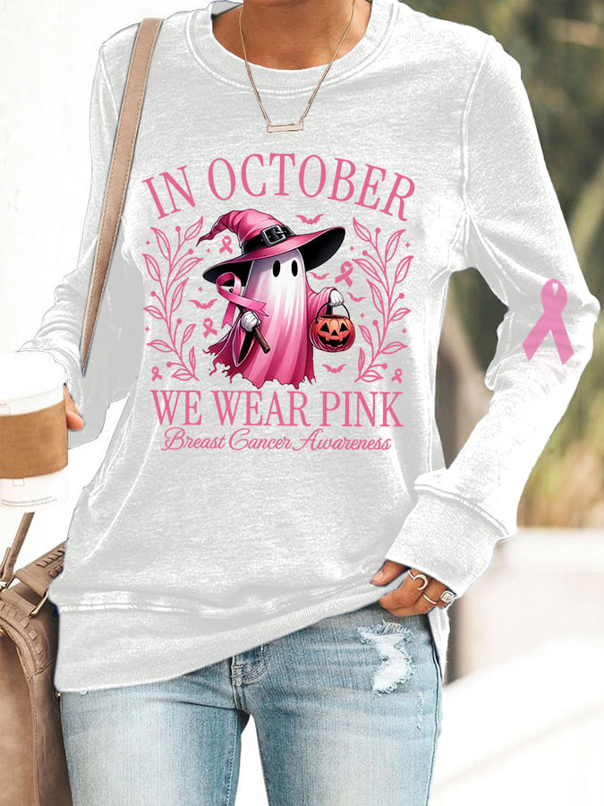 Women's In October We Wear Pink Halloween Ghost Breast Cancer Awareness Warrior Sweatshirt
