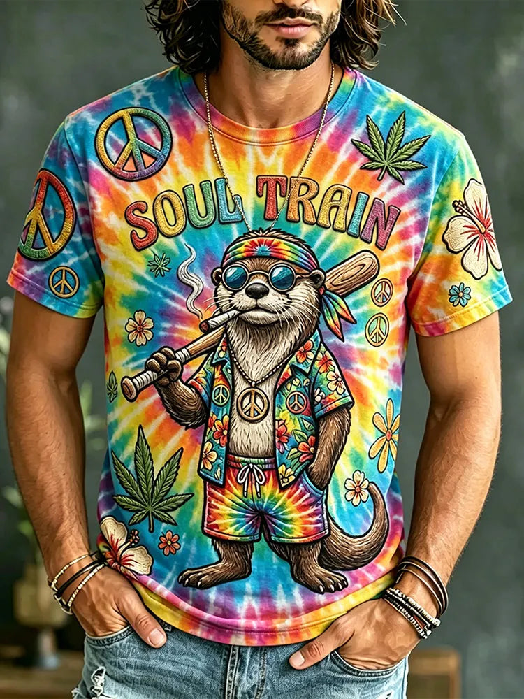 Men's Retro Hippie Peace Logo Art Tie-dye Print T-shirt