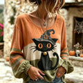 Women's Vintage Halloween Wizard Cat Art Embroidered Linen Blend Round Neck Long Sleeve Tops