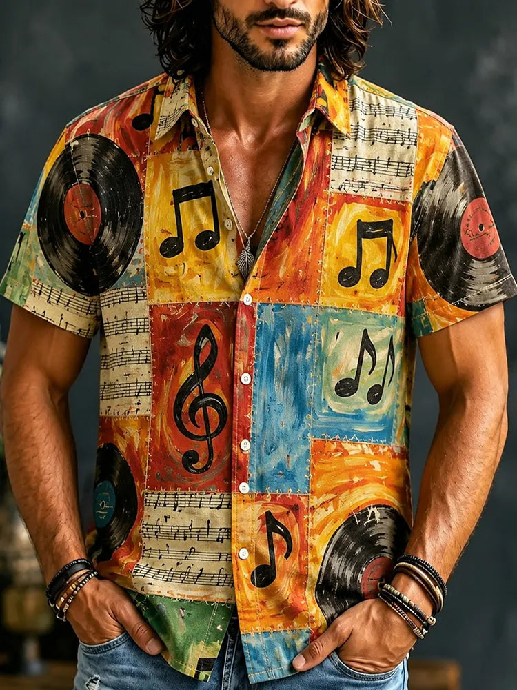 Men's Hippie Tie Dye Musical Notes Patchwork Printed Short Sleeve Shirt