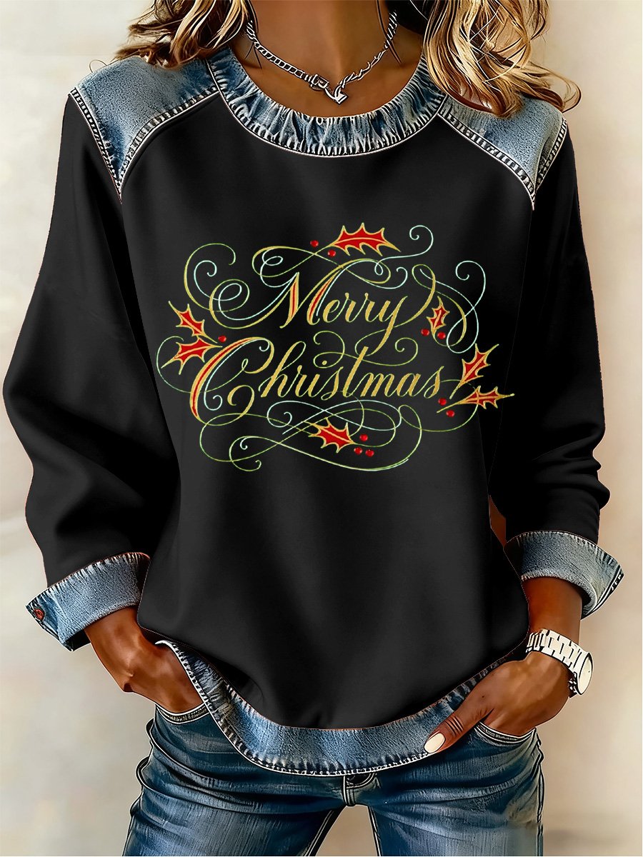 Women's Christmas Print Crew Neck Long Sleeve Top