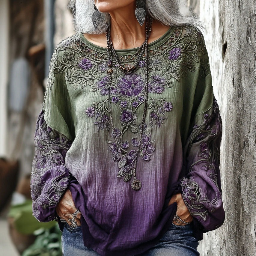 Women's Retro Gradient Floral Embroidery Casual Cotton Linen T-shirt