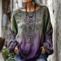 Women's Retro Gradient Floral Embroidery Casual Cotton Linen T-shirt