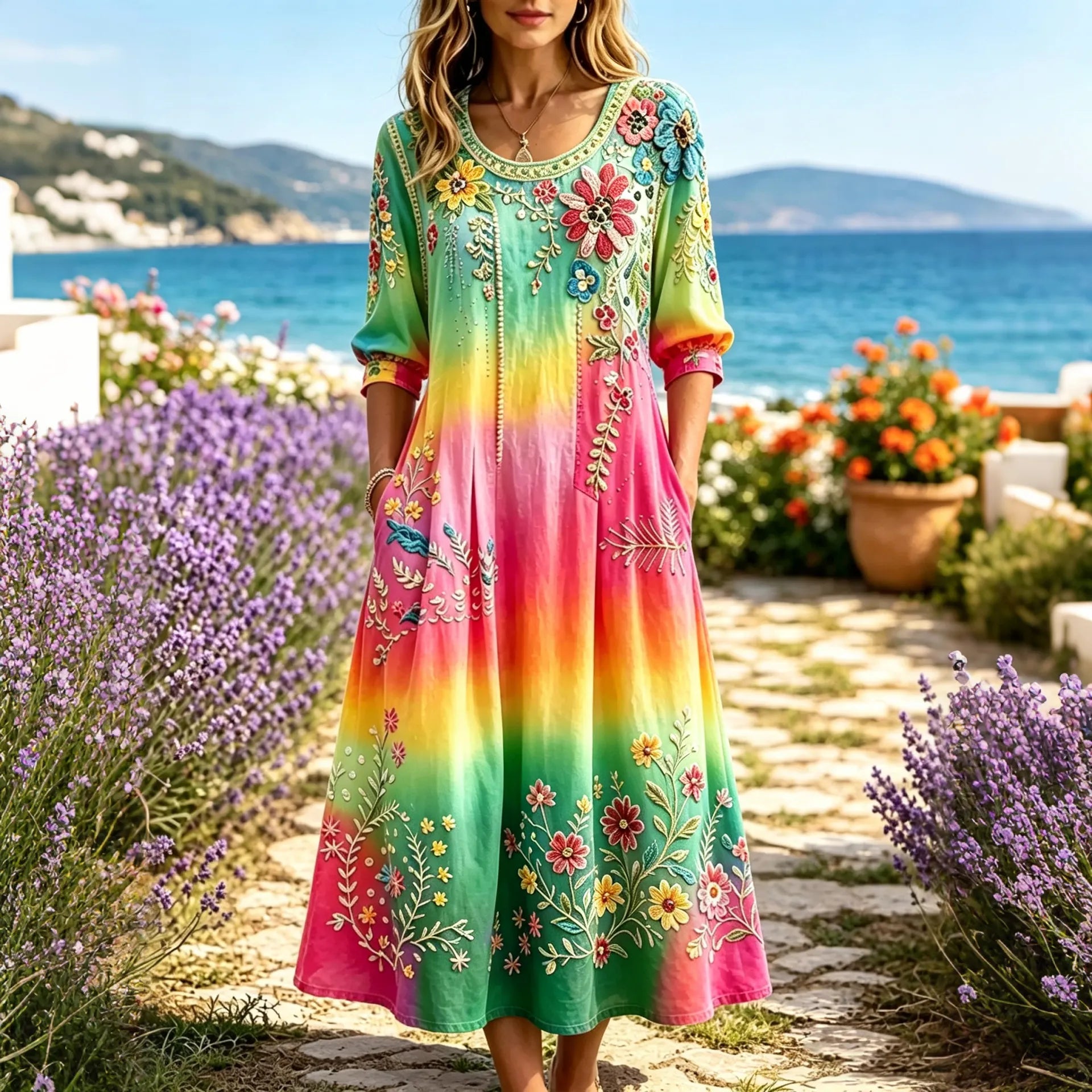 Women's Retro Floral Tie-dye Color-blocked Vacation Dress