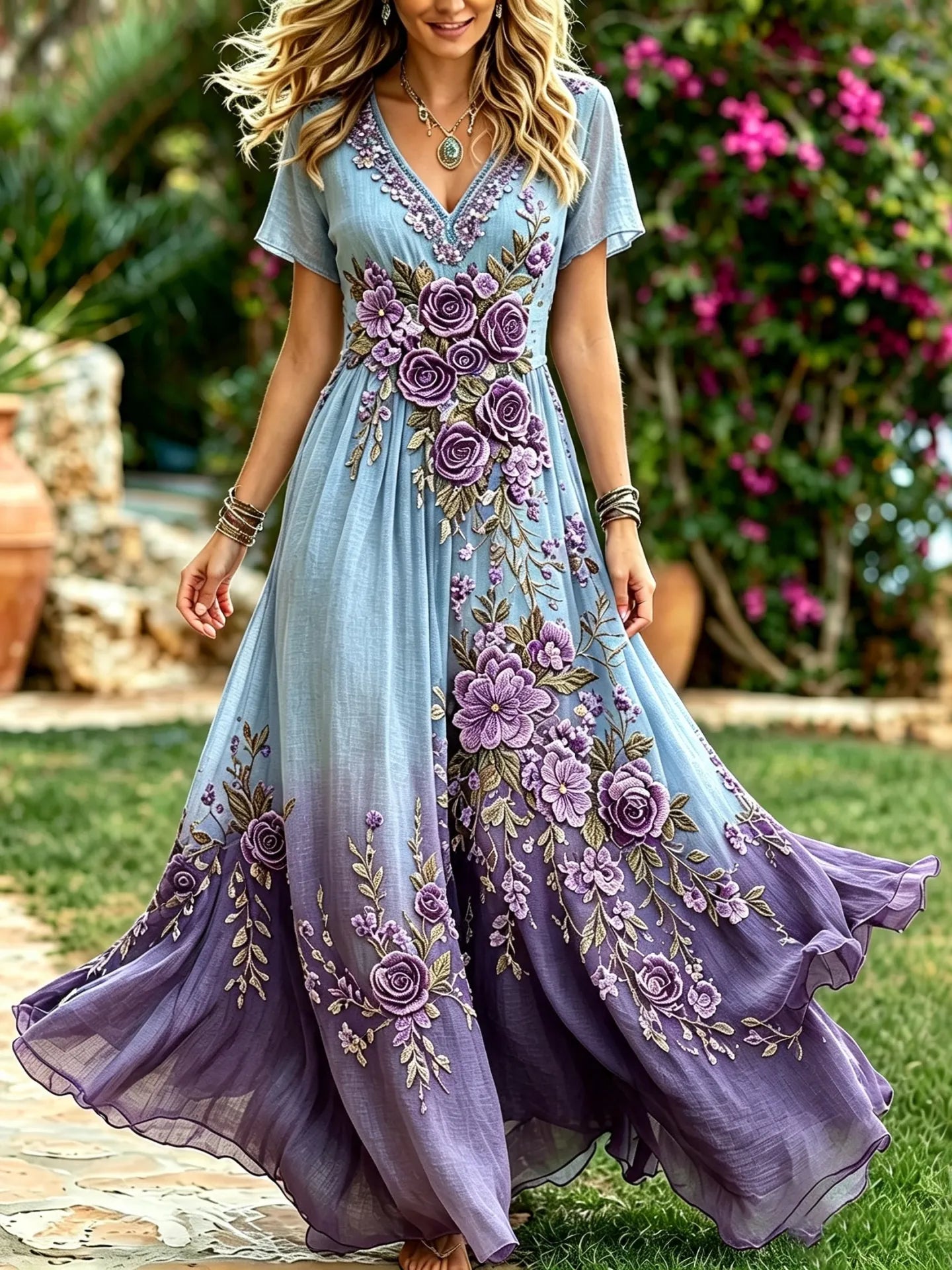 Women's Purple Rose Gradient Color Print Alzheimer's Awareness V-neck Dress