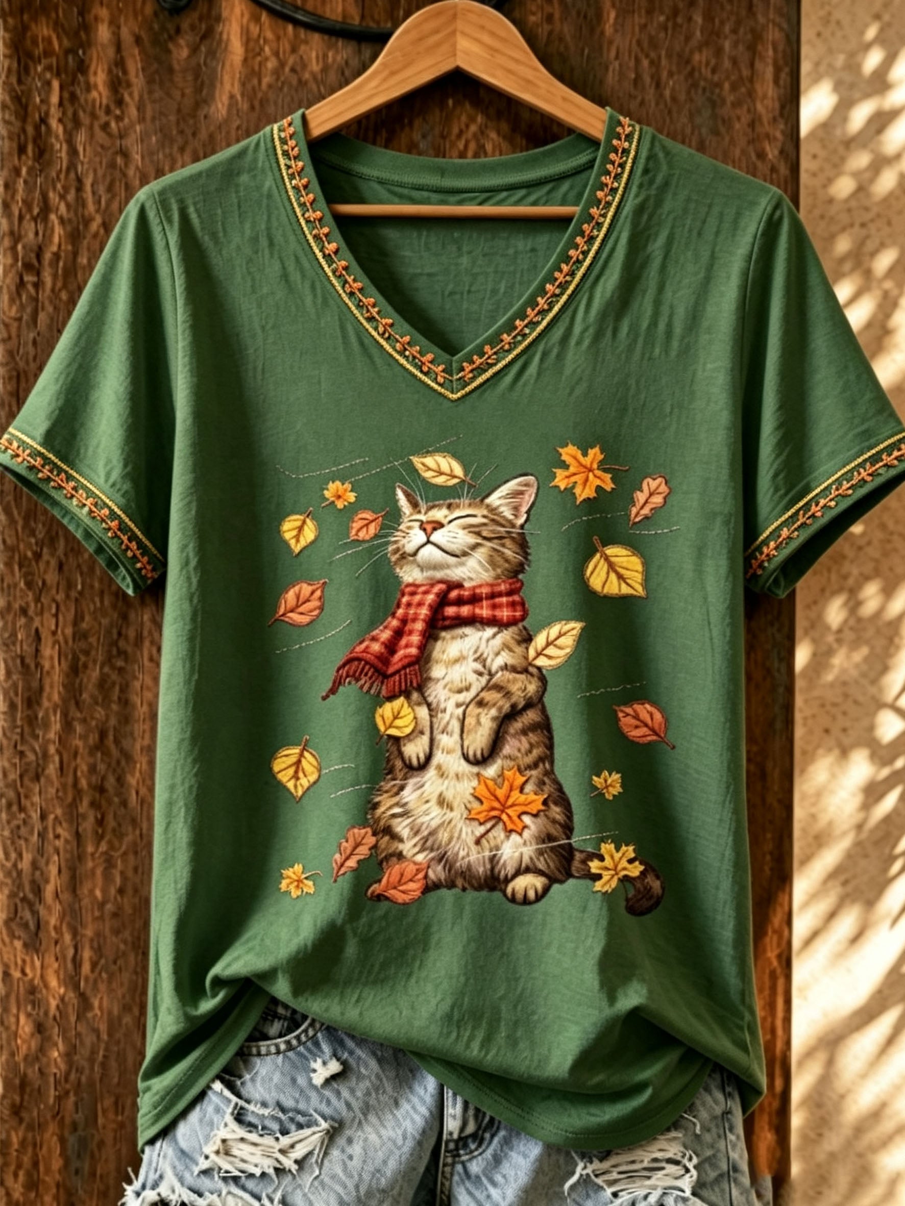 Women's Autumn Leaves Print Casual T-shirt