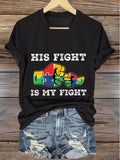 Women's "His Fight Is My Fight" Autism Awareness Printed V-Neck T-Shirt