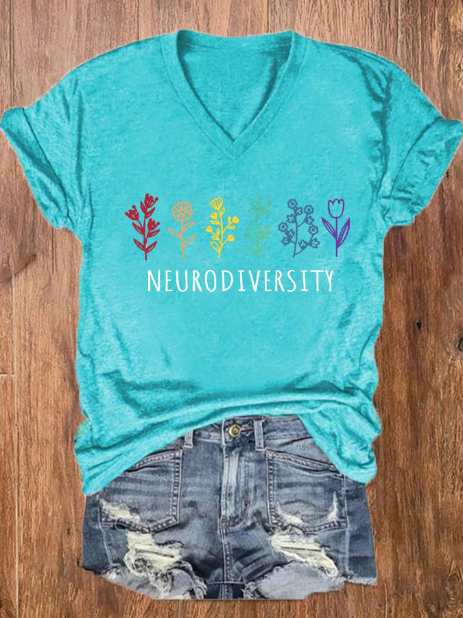 Women's Autism Awareness Neurodiversity Printed V-Neck Tee