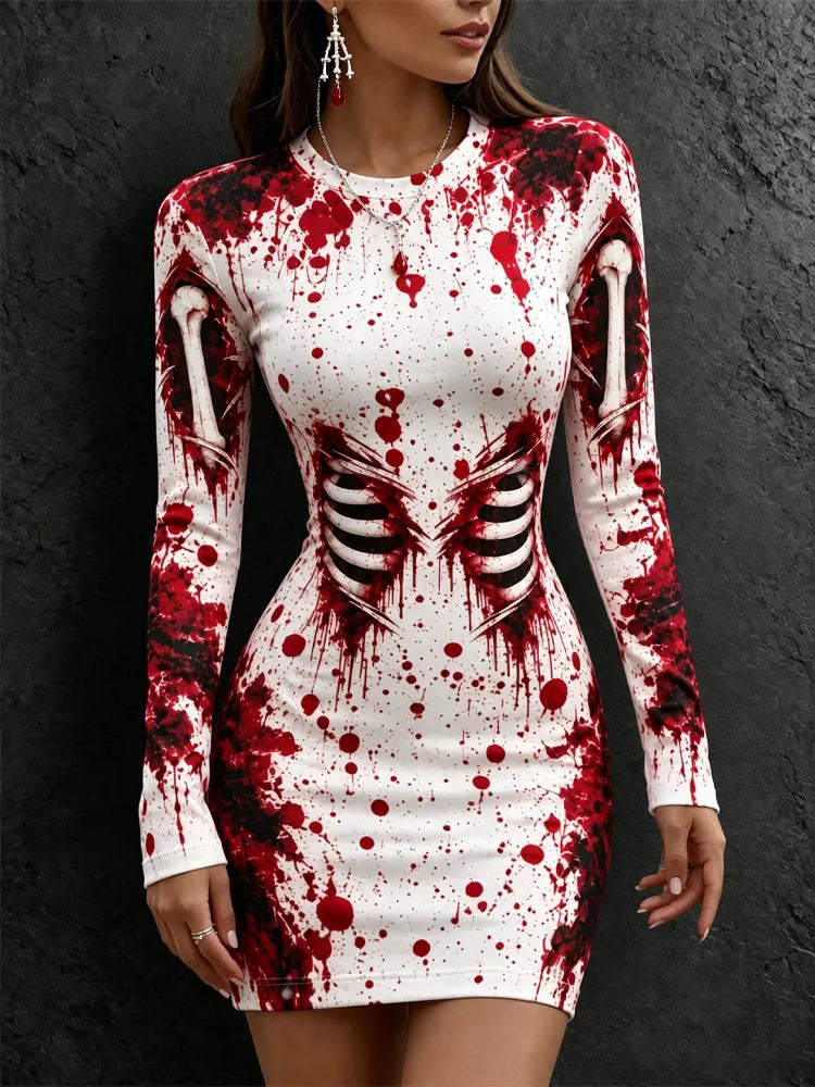 Women's Halloween Bloodstain Skull Print Crew Neck Bodycon Dress