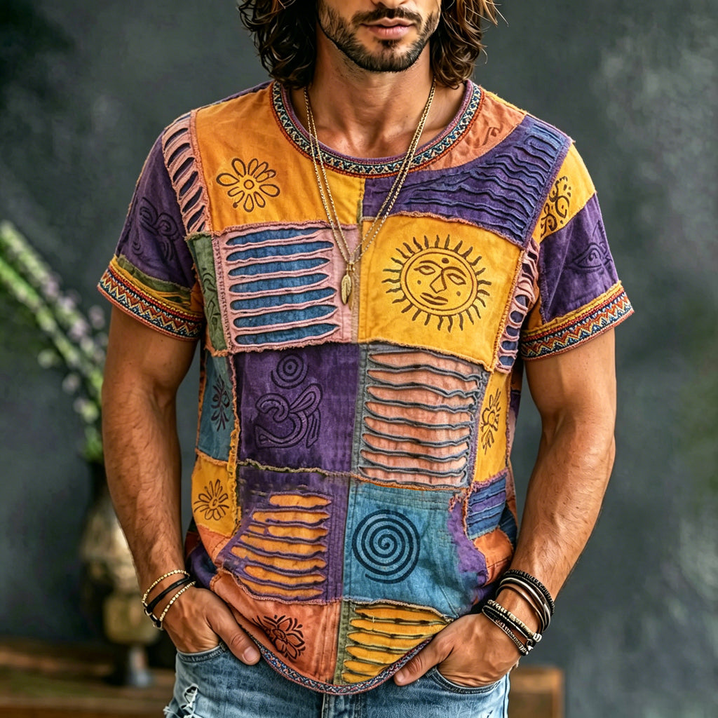 Men's Hippie Tie-dye Patchwork Print Crew Neck T-shirt