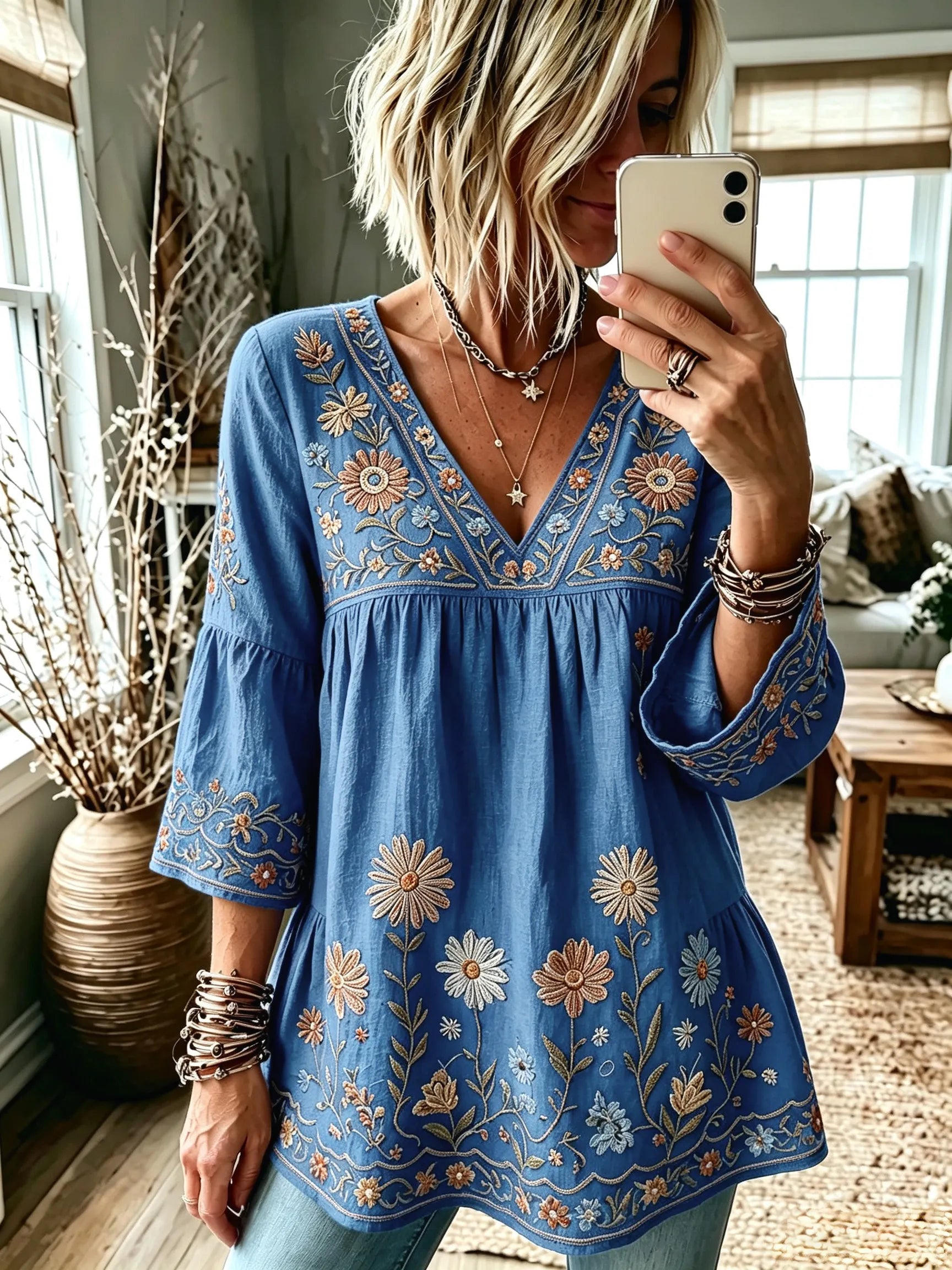 Women's Retro Hippie Floral And Dragonfly Art Flowy Linen Blend Three Quarter Sleeves T-shirt