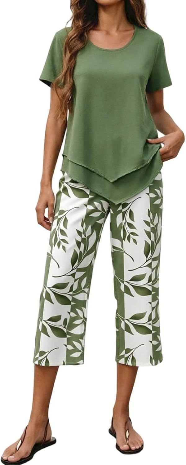 Women's Boho Floral Two Piece Sets Summer - Sleeveless Square Neck Double Layer Top and Wide Leg Pants, Casual Going Out Vacation Outfits