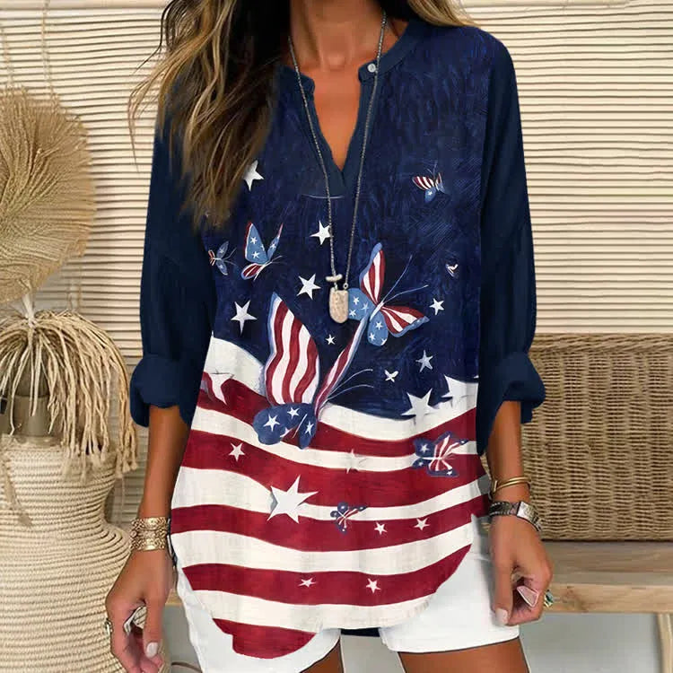 Red White Blue Butterfly & Star Print Short Sleeve Casual Blouse