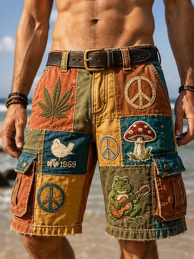 Men's Hippie Patchwork Peace Sign Frog Guitar Art Print Casual Shorts