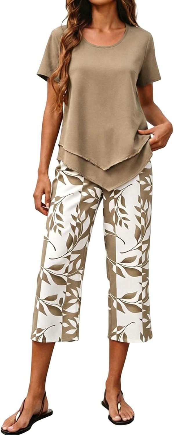 Women's Boho Floral Two Piece Sets Summer - Sleeveless Square Neck Double Layer Top and Wide Leg Pants, Casual Going Out Vacation Outfits