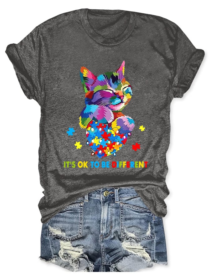 Round Neck Autism Awareness Cat It's Ok To Be Different Print T-Shirt