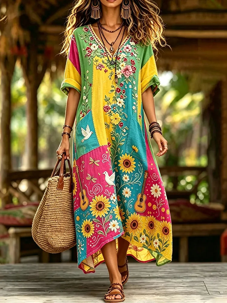 Women's Hippie Dove Guitar Floral Patchwork Vacation V-neck Cotton Linen Maxi Dress