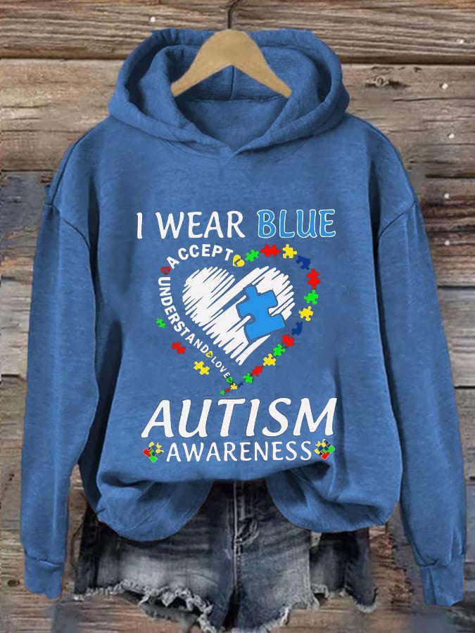 Women'S  I Wear Blue For Autism Awareness Print Casual Hoodie