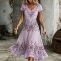 Women's Retro Purple Rose Embroidery Art V Neck Short Sleeve Midi Dress