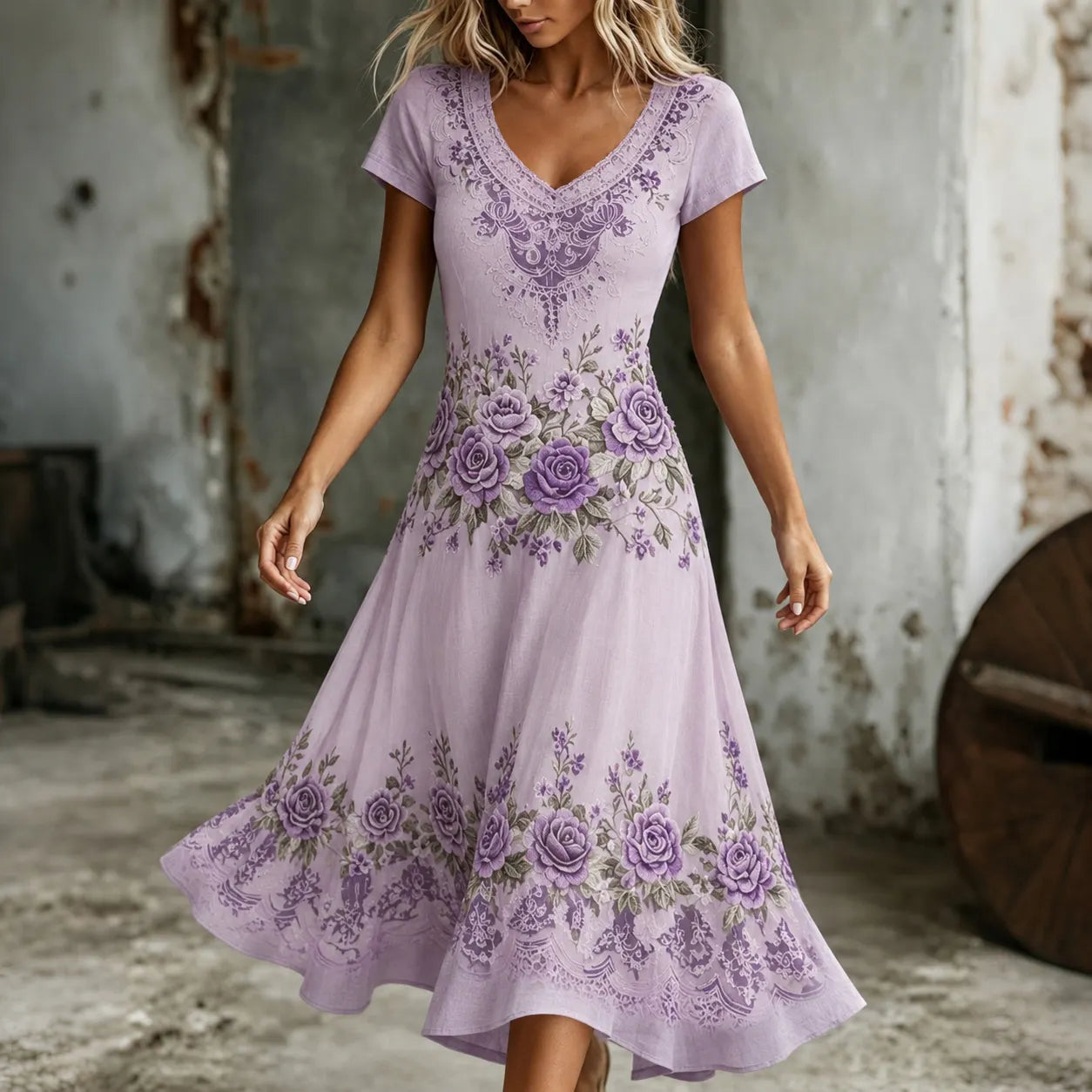 Women's Retro Purple Rose Embroidery Art V Neck Short Sleeve Midi Dress
