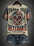 Women's Halloween Art Skull And American Elements Art Print Crew Neck T-shirt