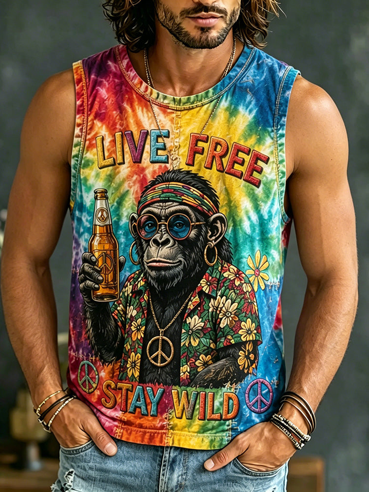 Men's Hippie Gorilla Letter Tie-dye Vacation Casual Vest