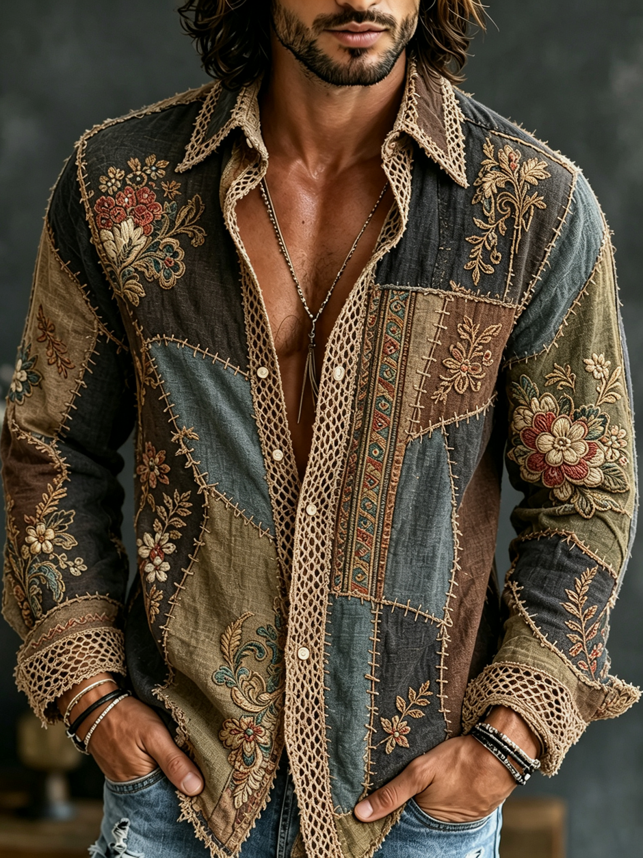 Men's Boho Hippie Vintage Floral Patchwork Print Long Sleeve Shirt