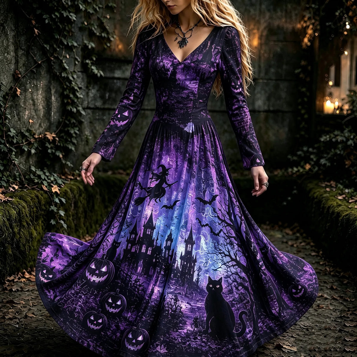 Women's Vintage Halloween Witch, Cat, And Castle Print Dress