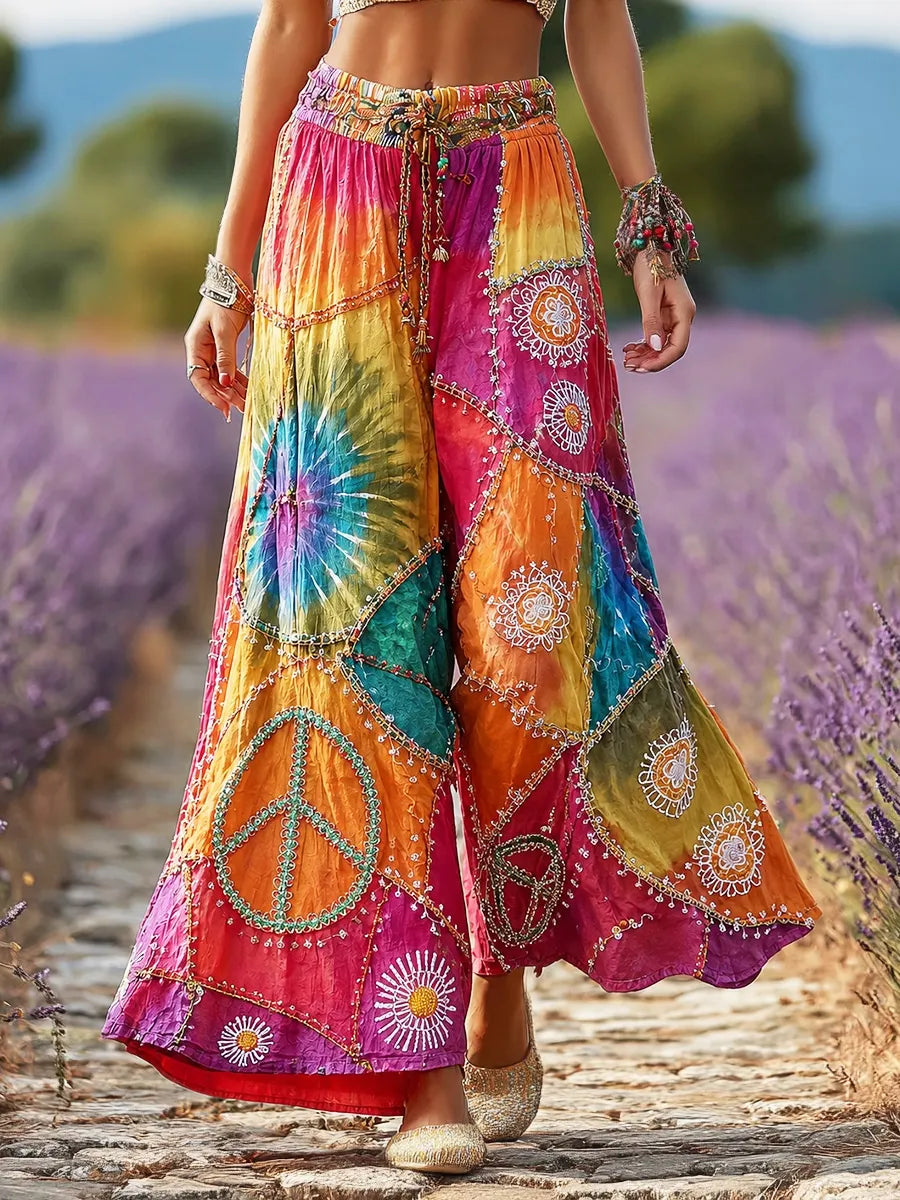 Women's Hippie Peace Sign Flowers Tie Dye Patchwork Print Linen Blend Pants