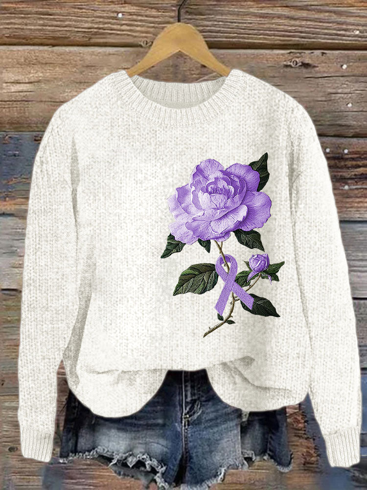 Alzheimer's Purple Rose Embroidered Cozy Knit Sweater