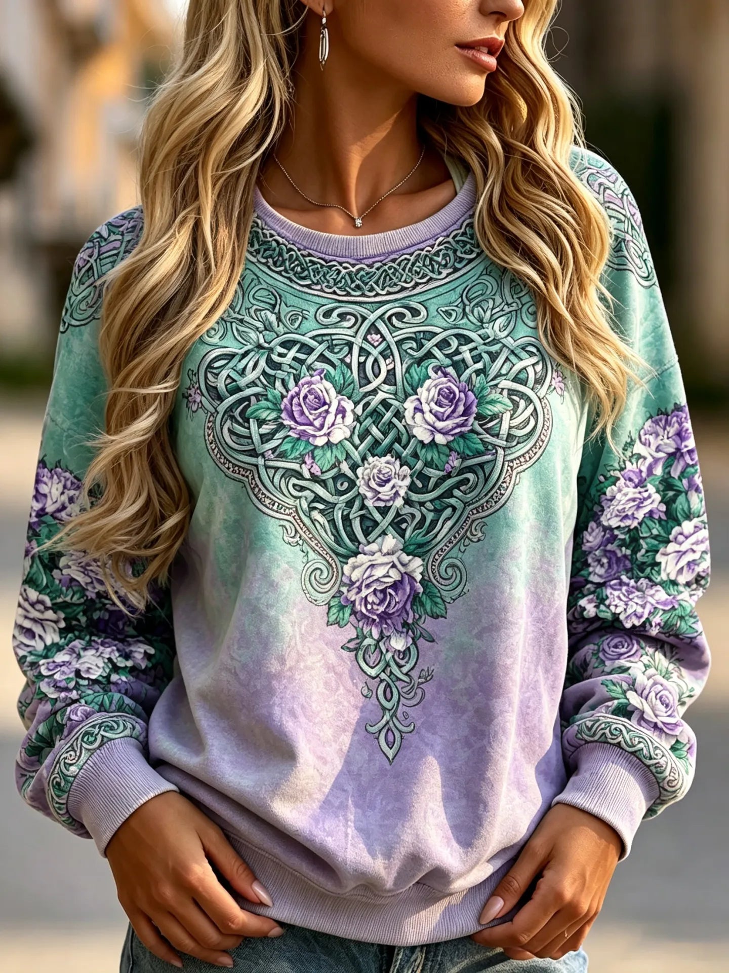 Women's Retro Floral Celtic Knot Design Crew Neck Sweatshirt