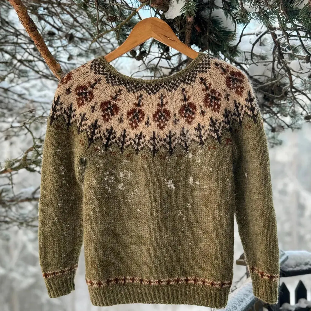 Women's Forest Motif Print Knitted Comfort Round Neck Sweater