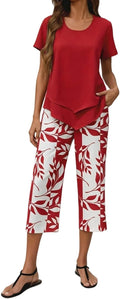 Women's Boho Floral Two Piece Sets Summer - Sleeveless Square Neck Double Layer Top and Wide Leg Pants, Casual Going Out Vacation Outfits