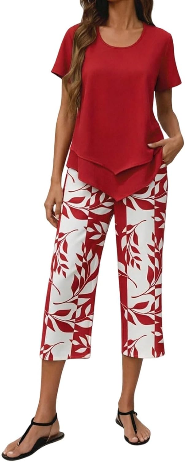 Women's Boho Floral Two Piece Sets Summer - Sleeveless Square Neck Double Layer Top and Wide Leg Pants, Casual Going Out Vacation Outfits