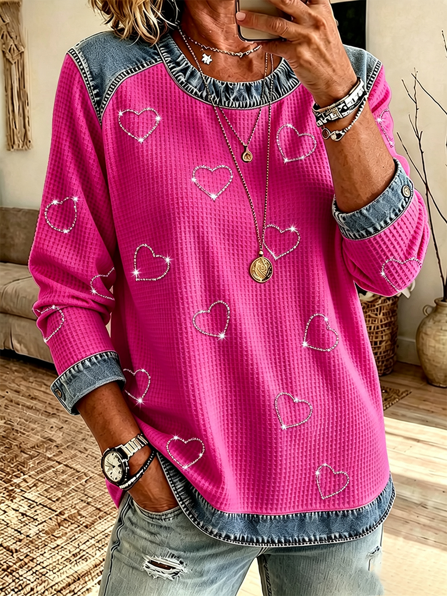 Women's Casual Heart-Shaped Rhinestone Sweatshirt