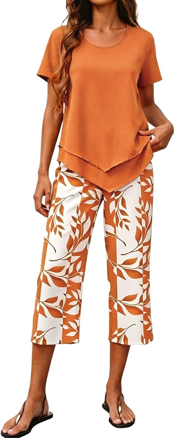 Women's Boho Floral Two Piece Sets Summer - Sleeveless Square Neck Double Layer Top and Wide Leg Pants, Casual Going Out Vacation Outfits