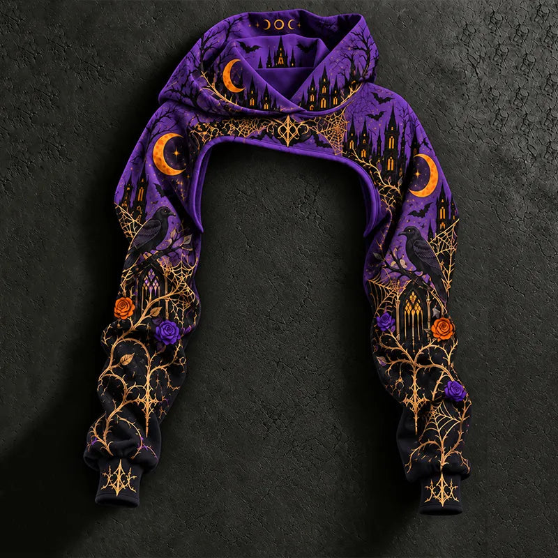 Women's Halloween Gothic Spiderweb And Crow Print Hoodie Two-piece Set