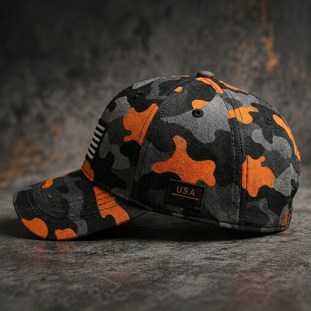 USA Flag Orange Camo Baseball Cap, Embroidered American Flag Tactical Trucker Hat