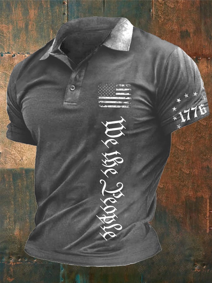 Men's Vintage American Flag Print Casual Polo Shirt