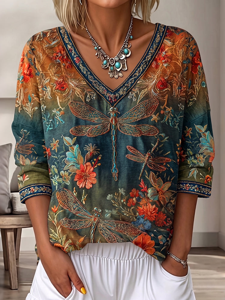 Women's Vintage Floral Dragonfly Art Print Flowy Linen Blend  Three-quarter Sleeve V Neck Linen Tops