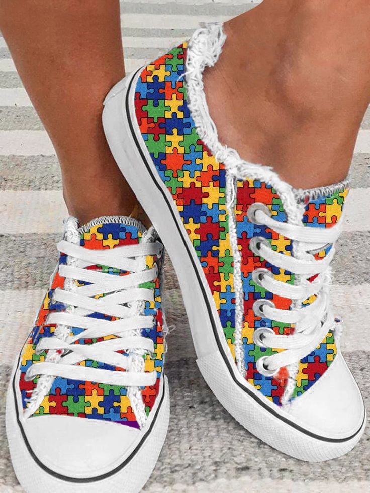 Women's Autism Geometric Color Puzzle Print Raw Edge Canvas Shoes